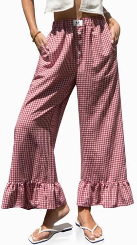 Womens Gingham Wide Leg Pants High Waist Ruffle Hem Trousers