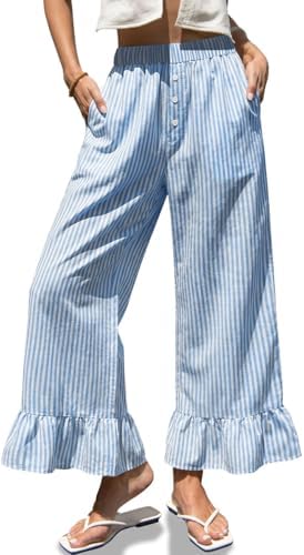 Womens Gingham Wide Leg Pants High Waist Ruffle Hem Trousers