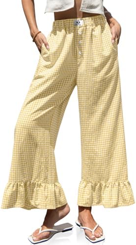 Womens Gingham Wide Leg Pants High Waist Ruffle Hem Trousers