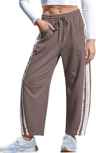 Womens Lace Trim Barrel Sweatpants Loose Lounge Pants with Pockets