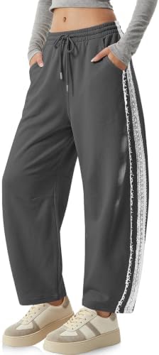 Womens Lace Trim Barrel Sweatpants Loose Lounge Pants with Pockets