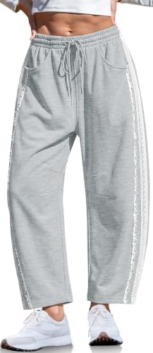 Womens Lace Trim Barrel Sweatpants Loose Lounge Pants with Pockets