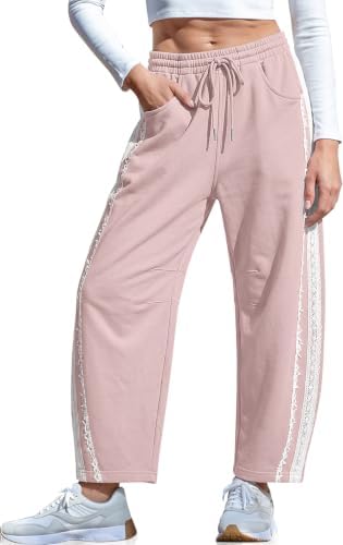 Womens Lace Trim Barrel Sweatpants Loose Lounge Pants with Pockets