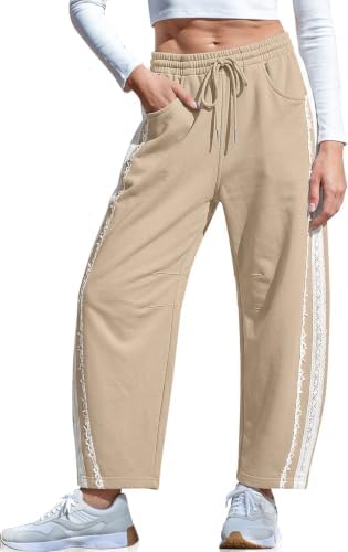 Womens Lace Trim Barrel Sweatpants Loose Lounge Pants with Pockets