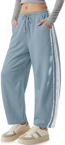 Womens Lace Trim Barrel Sweatpants Loose Lounge Pants with Pockets