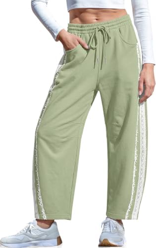 Womens Lace Trim Barrel Sweatpants Loose Lounge Pants with Pockets