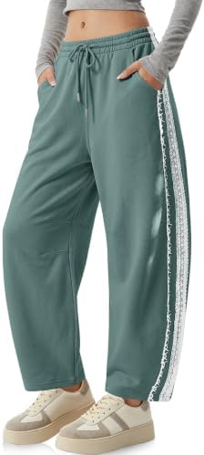 Womens Lace Trim Barrel Sweatpants Loose Lounge Pants with Pockets