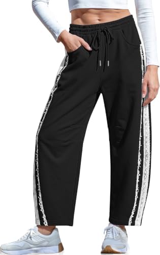 Womens Lace Trim Barrel Sweatpants Loose Lounge Pants with Pockets