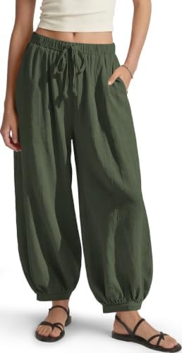 Women's Linen Balloon Pants Wide Leg Harem Palazzo Flowy Baggy Casual