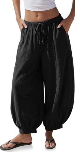 Women's Linen Balloon Pants Wide Leg Harem Palazzo Flowy Baggy Casual