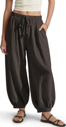 Women's Linen Balloon Pants Wide Leg Harem Palazzo Flowy Baggy Casual