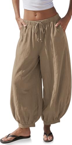 Women's Linen Balloon Pants Wide Leg Harem Palazzo Flowy Baggy Casual