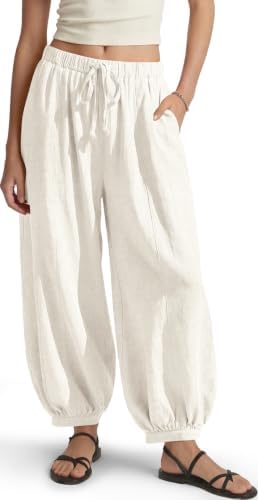 Women's Linen Balloon Pants Wide Leg Harem Palazzo Flowy Baggy Casual