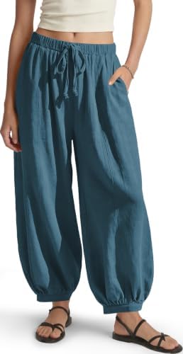 Women's Linen Balloon Pants Wide Leg Harem Palazzo Flowy Baggy Casual