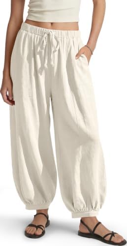 Women's Linen Balloon Pants Wide Leg Harem Palazzo Flowy Baggy Casual