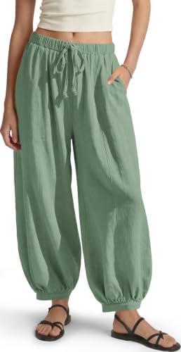 Women's Linen Balloon Pants Wide Leg Harem Palazzo Flowy Baggy Casual