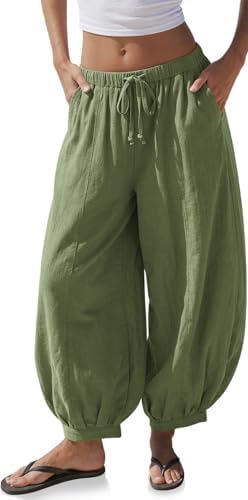 Women's Linen Balloon Pants Wide Leg Harem Palazzo Flowy Baggy Casual