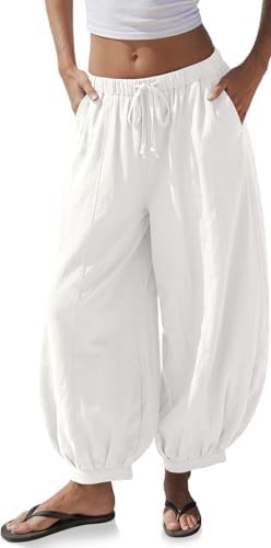 Women's Linen Balloon Pants Wide Leg Harem Palazzo Flowy Baggy Casual