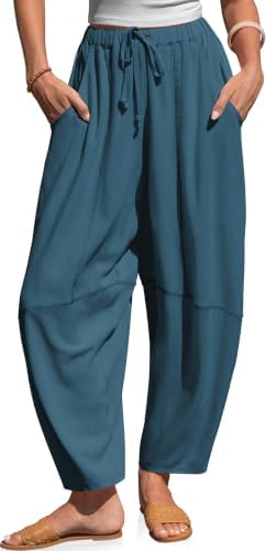 Womens Linen Barrel Harem Pants Drawstring Waist with Pockets