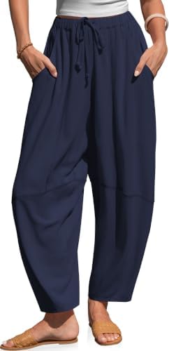 Womens Linen Barrel Harem Pants Drawstring Waist Baggy Pockets Navy