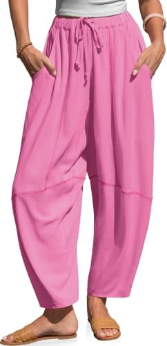 Womens Linen Barrel Harem Pants Drawstring Waist Baggy Pockets Rose
