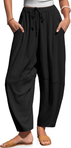 Womens Linen Barrel Harem Pants Drawstring Waist with Pockets