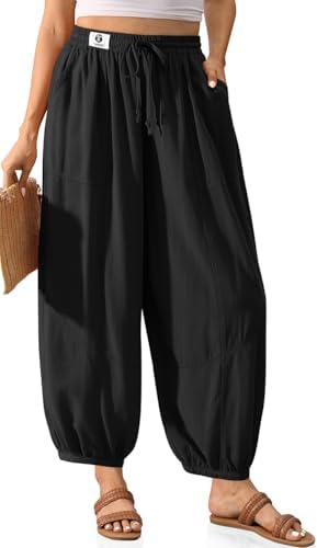 Womens Linen Barrel Harem Pants with Pocket Black