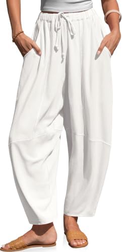 Womens Linen Barrel Pants Baggy Wide Leg Lounge Pants with Pockets