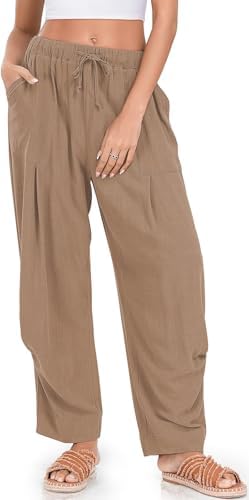 Womens Linen Barrel Pants Casual Summer Travel Lounge Trousers Coffee