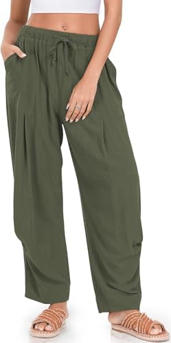 Womens Linen Barrel Pants Casual Summer Travel Lounge Trousers Green
