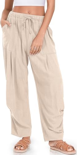 Womens Linen Barrel Pants Casual Summer Travel Lounge Trousers