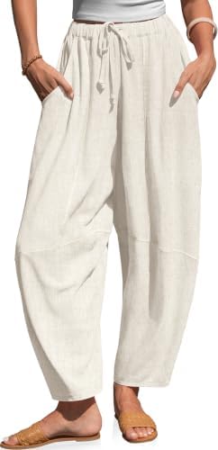 Womens Linen Barrel Pants Elastic Drawstring Waist with Pockets