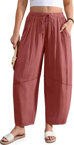 Womens Linen Barrel Pants Elastic Drawstring Waist with Pockets