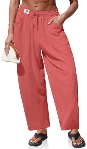 Womens Linen Barrel Pants Loose Fit Drawstring High Waist Wide Leg
