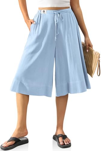 Linen Blend Culottes for Women Pockets Aqua Blue, M