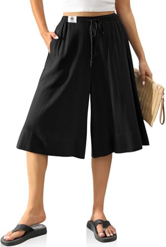 Linen Blend Culottes for Women Pockets Black