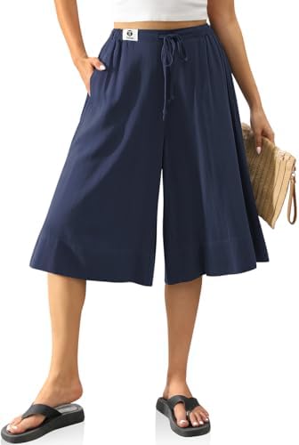 Linen Blend Culottes for Women Pockets Dark Blue