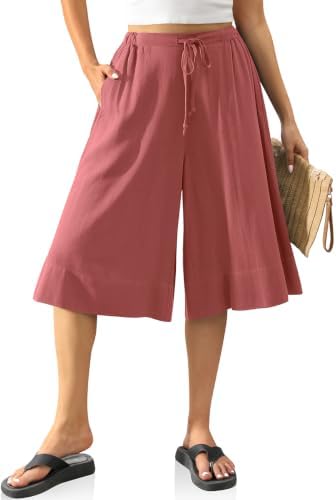 Linen Blend Culottes for Women Pockets Rust Red, XL