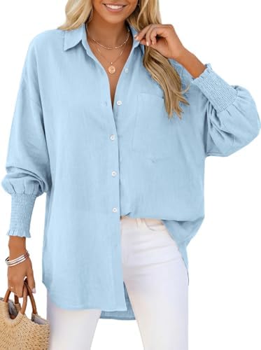 Women's Linen Button Down Shirt Oversized Long Sleeve Blouse