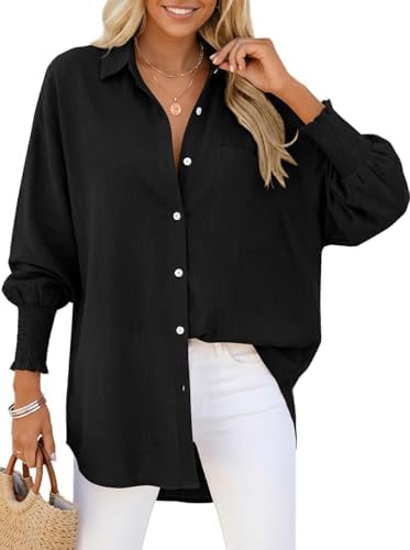 Women's Linen Button Down Shirt Oversized Long Sleeve Blouse Black