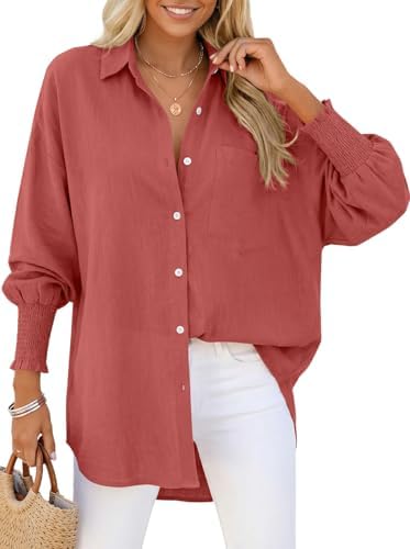 Women's Linen Button Down Shirt Oversized Long Sleeve Blouse Rust Red