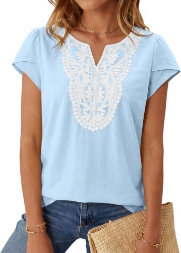 Women's Linen Cap Sleeve T Shirts Boho Tops Summer Blouses Aqua Blue