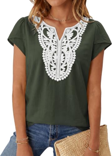 Women's Linen Cap Sleeve T Shirts Boho Tops Summer Blouses Army Green