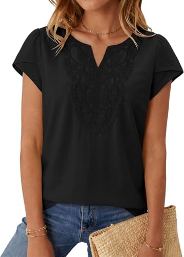 Women's Linen Cap Sleeve T Shirts Boho Tops Summer Blouses Black