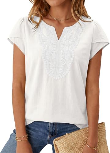 Women's Linen Cap Sleeve T Shirts Boho Tops Summer Blouses White