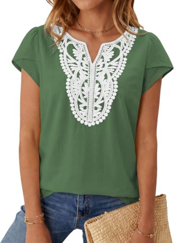 Women's Linen Cap Sleeve T Shirts Boho Tops Summer Blouses Dark Green