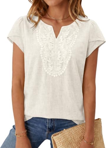 Women's Linen Cap Sleeve T Shirts Boho Tops Summer Blouses