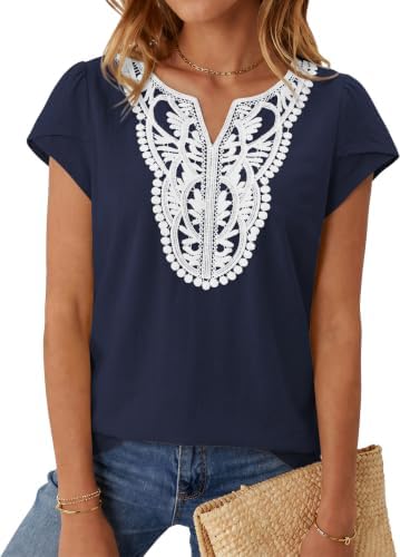 Women's Linen Cap Sleeve T Shirts Boho Tops Summer Blouses Navy