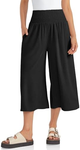 Womens Linen Capri Pants Summer Elastic High Waist Palazzo Wide Leg