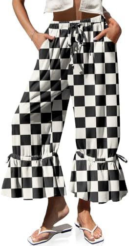 Women's Linen Checkered Wide Leg Casual Pants Board Black White